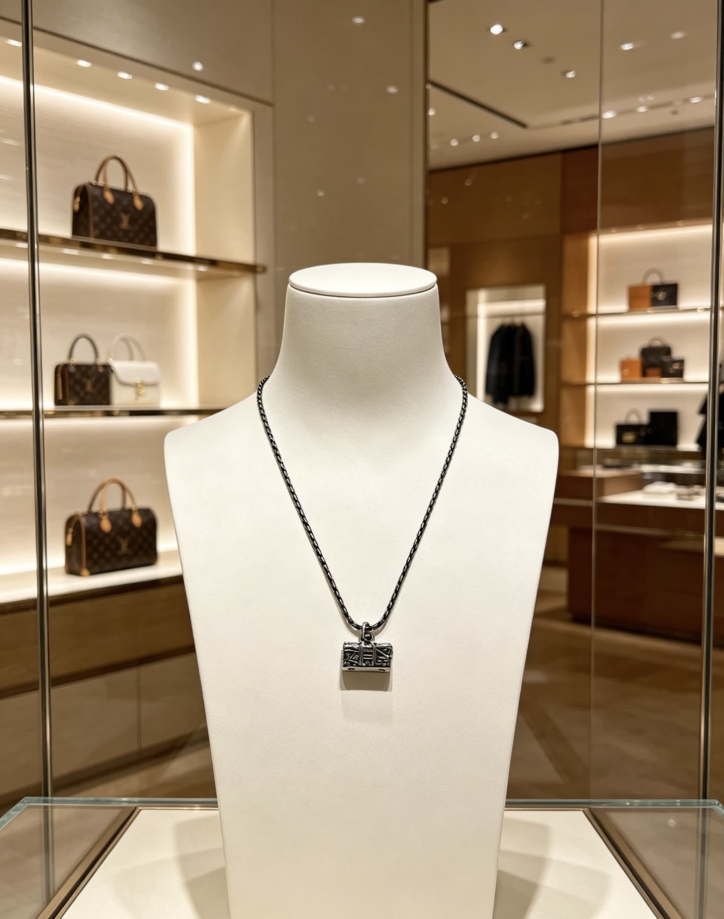 Louis Vuitton Silver Chain Necklace with Lock Charm